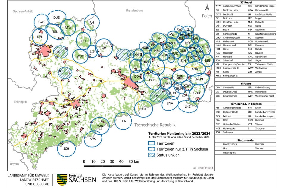 Diese Karte zeigt die Verteilung der sächsischen Wolfsterritorien.
