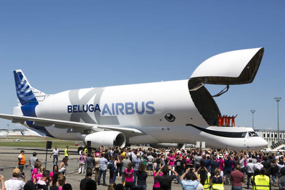 Ingenieure winken vom Airbus BelugaXL, der nach seinem Jungfernflug auf dem Flughafen Toulouse-Blagnac gelandet ist.