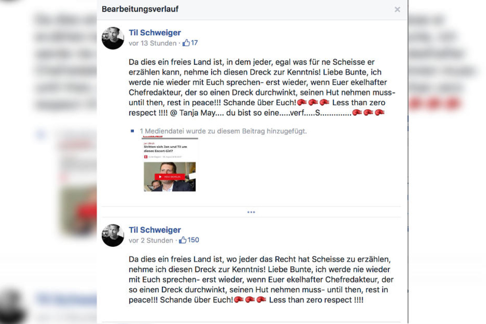 Der Bearbeitungsverlauf von Til Schweigers Facebook-Post.