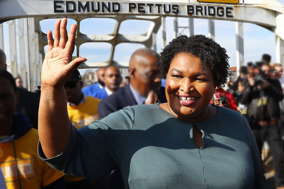 Stacey Abrams crosses the Edmund Pettus Bridge in memory of Bloody Sunday on March 1, 2020, in Selma, Alabama.