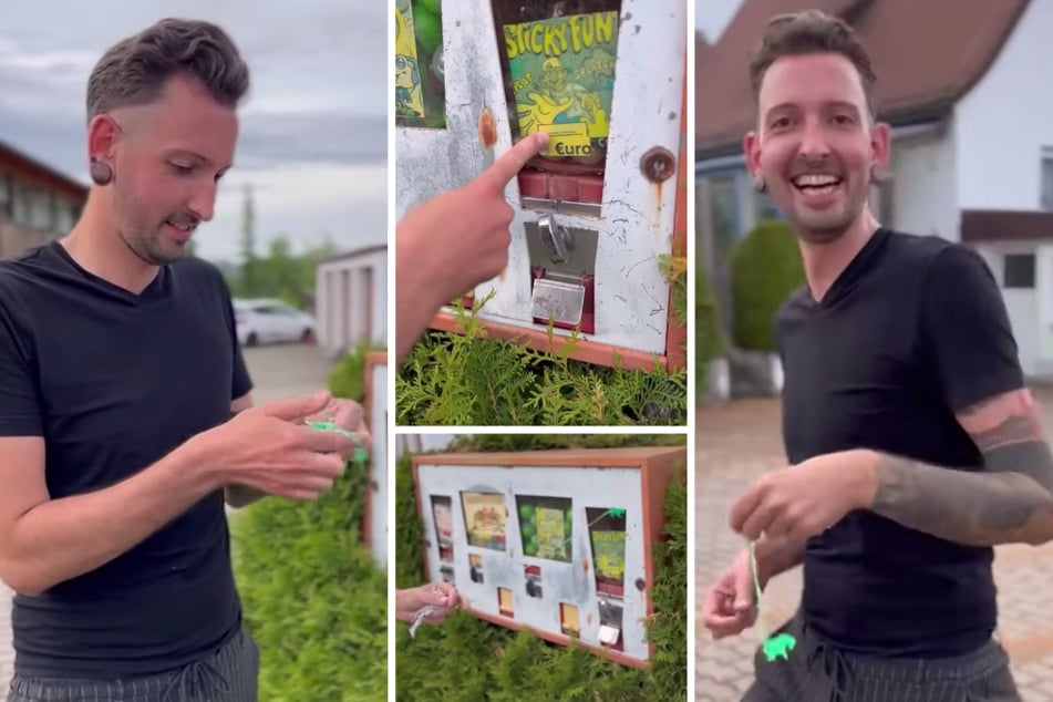 "Bares für Rares"-Star Fabian Kahl (30) zieht sich für einen Euro "Sticky Fun"-Spielzeug zum Schleudern und Kleben am Automaten.