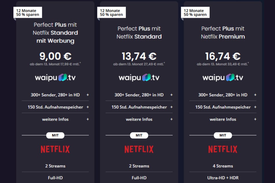 Das waipu.tv Perfect-Plus Paket inklusive Netflix gibt's in drei verschiedenen Ausführungen.