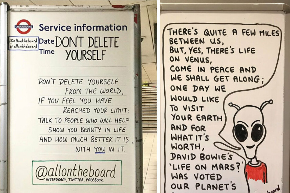 Sometimes the messages are thoughtful like "Don't delete yourself" (l) and sometimes they are funny and have caricatures (r).