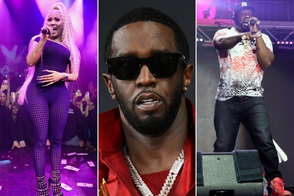 Rapper 50 Cent (r.) seemingly through shade towards Diddy (c.) at Nicki Minaj's (l.) recent concert in New York City.