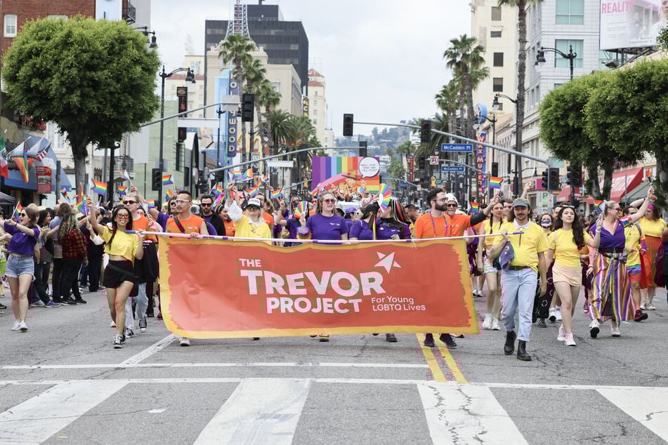 The Trevor Project marches at the 2023 LA Pride Parade in Hollywood, California.