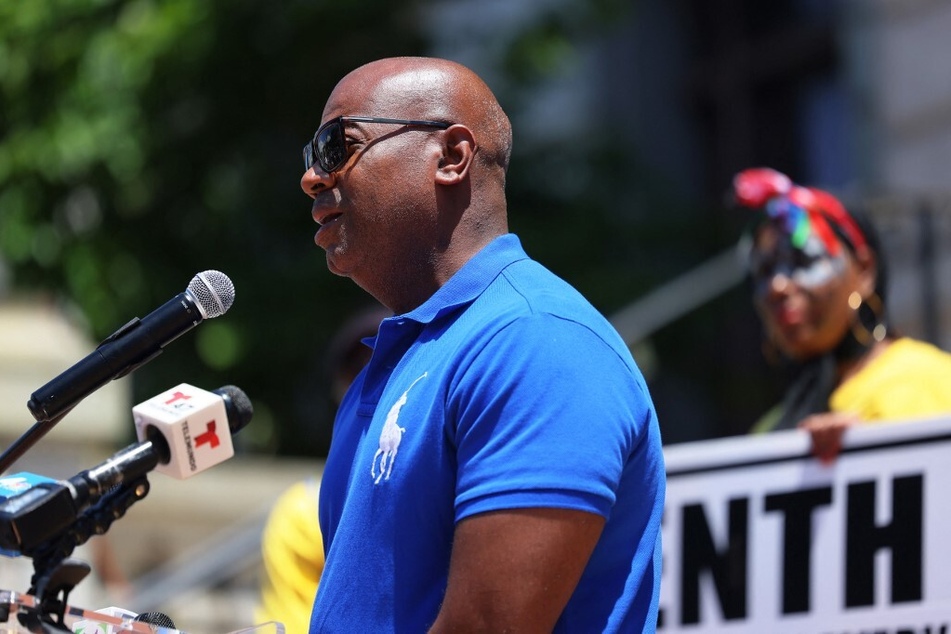 Newark Mayor Ras Baraka speaks in support of reparations for Black Americans during a Juneteenth rally.