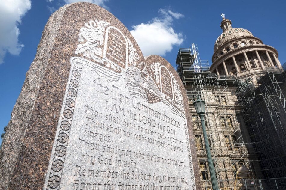 A stone display of the Ten Commandments sits on the northwest corner of the Texas Capitol grounds in Austin.