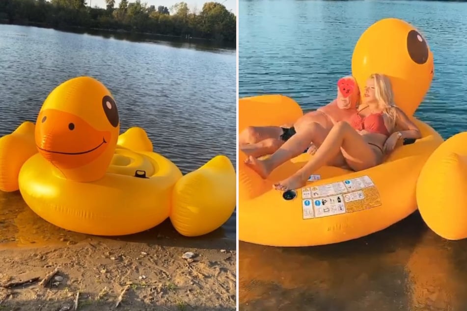 Evelyn Burdecki (31) treibt auf einer riesigen Badeente entspannt auf einem See. (Fotomontage)