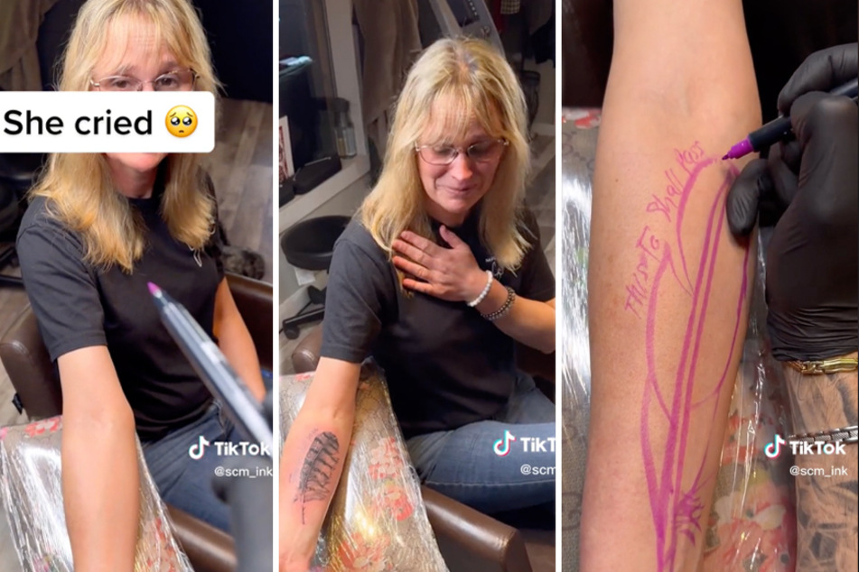 A tattoo artist on TikTok trolls his clients before impressing them with the final result.