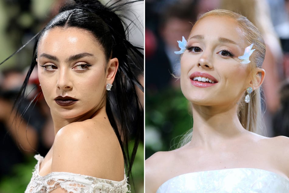 Ariana Grande (r.) is rumored to be joining forces with Charli XCX as the British singer prepares to drop the anticipated remix version of her hit album, Brat.