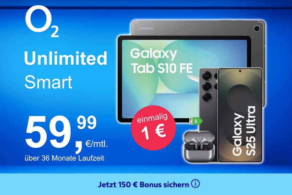 Das Samsung Galaxy S25 Ultra + Buds 3 Pro + Tab S10 FE im o2 Mobile Unlimited Smart für einmalig 1 Euro.