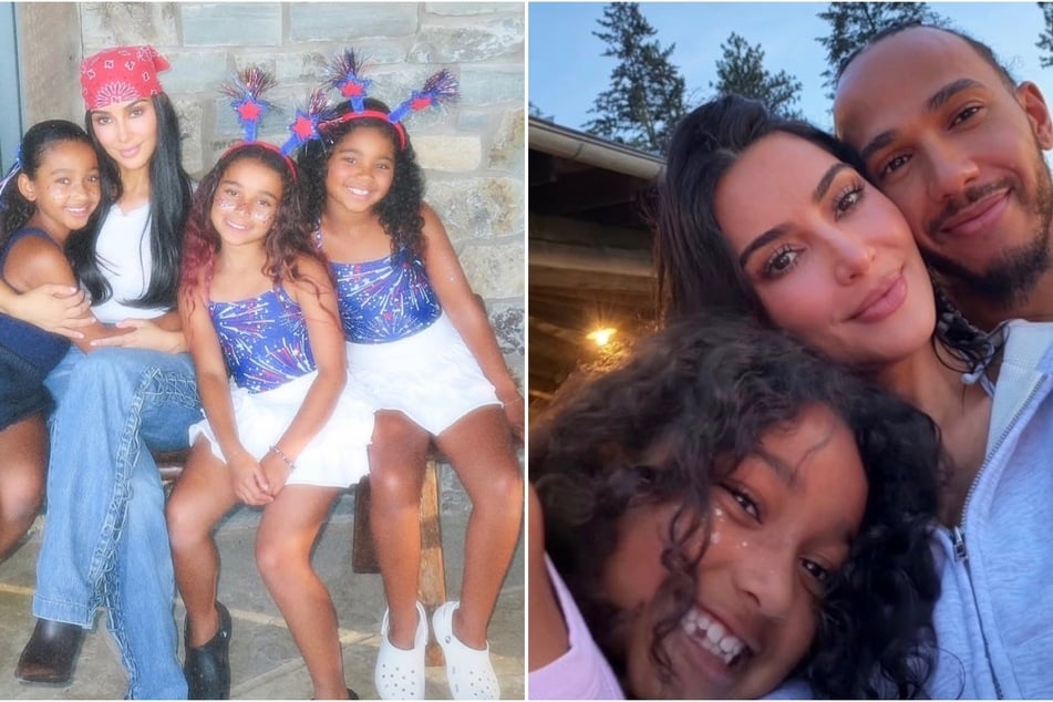 Kim Kardashian recapped her July 4 holiday with her family, friends, and boyfriend, Lewis Hamilton (r).