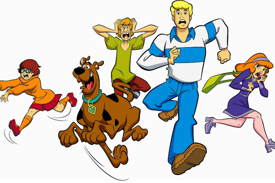 Velma, Scooby Doo, Shaggy, Fred & Daphne (v.l.n.r.) sind die Protagonisten der Zeichentrickserie "Scooby Doo".