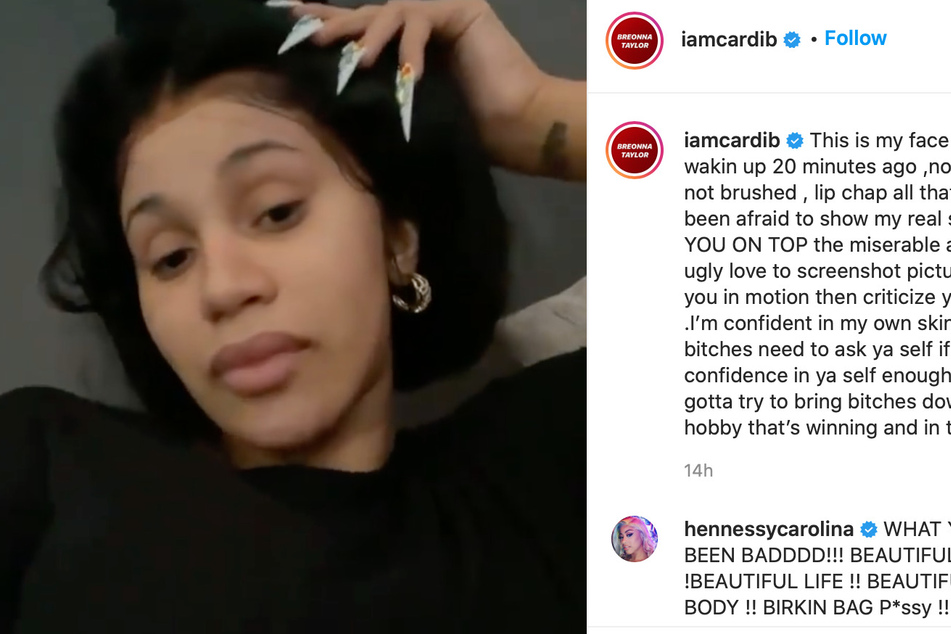 "I'm confident in my own skin," Cardi B clapped back at haters with a make-up-free video.
