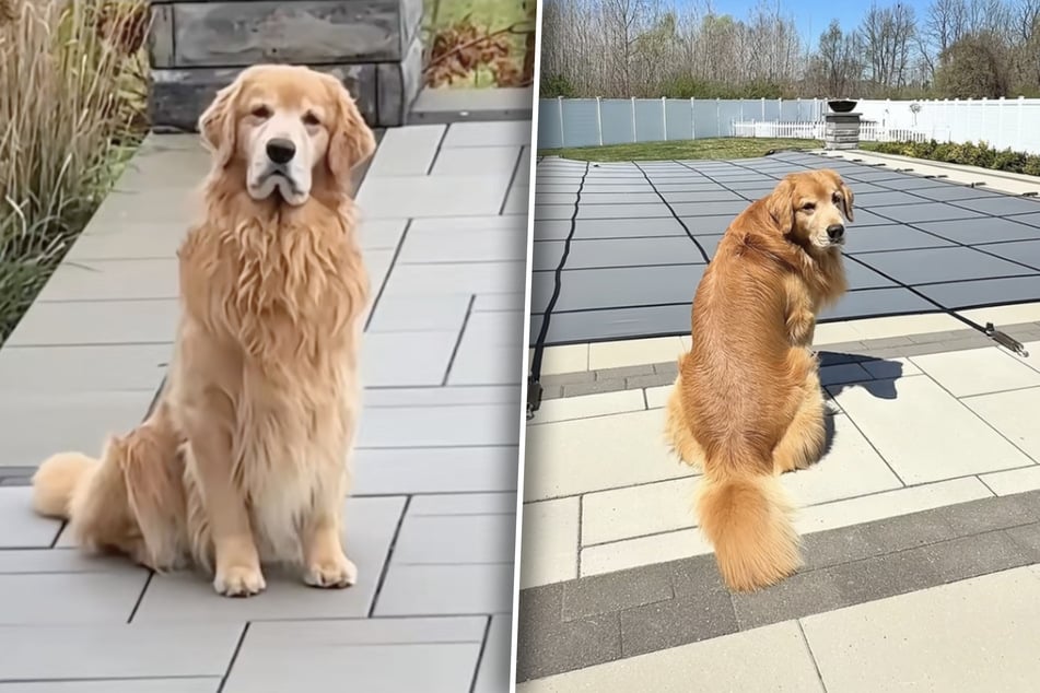 Selbst bei eisigen Temperaturen setzt Golden Retriever Tucker einen Hundeblick auf, der seinem Frauchen wohl ein schlechtes Gewissen machen soll, weil der Pool zu ist.