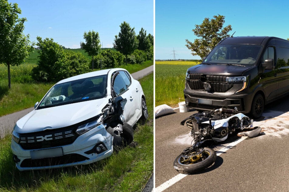 Motorrad kracht beim Überholen in entgegenkommenden Dacia