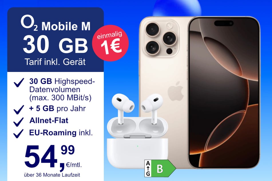 Das iPhone 16 Pro Max + AirPods Pro im o2 Mobile M für einmalig 1 Euro.