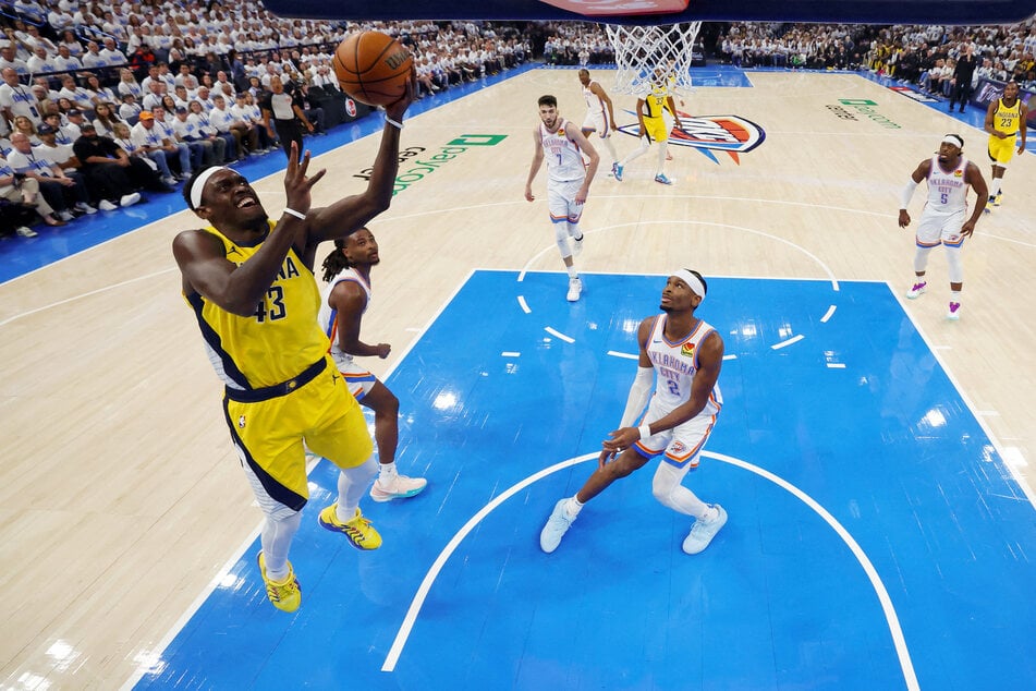 Indiana Pacers forward Pascal Siakam attempts a shot against the Oklahoma City Thunder during Game 1 of the 2025 NBA Finals.