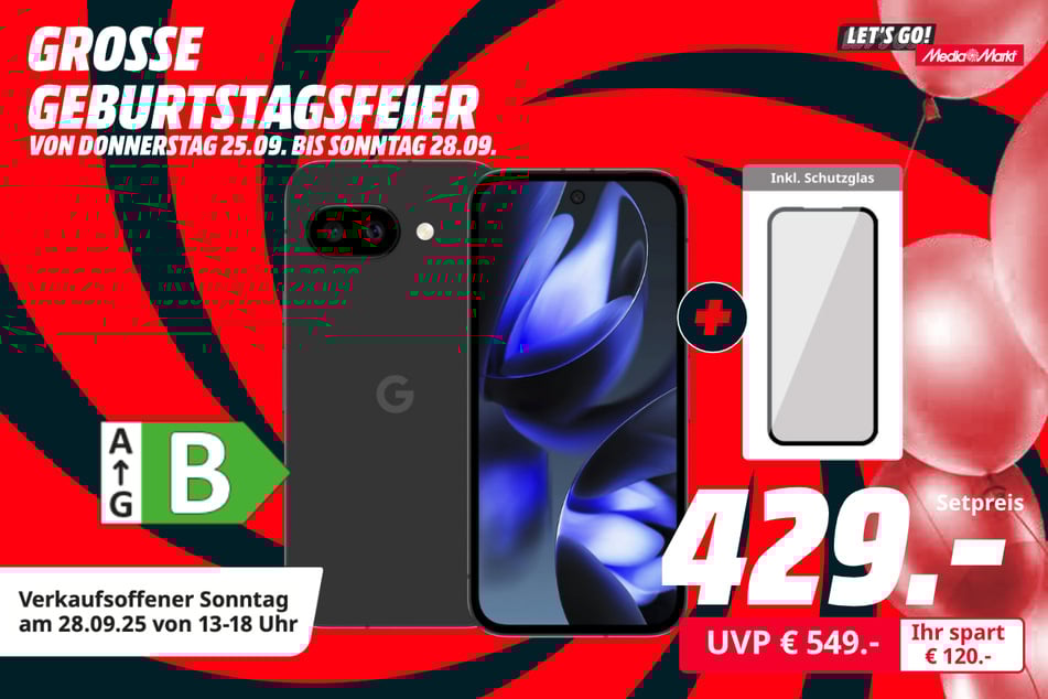 Google Pixel 9a (128 GB) (plus Schutzglas) für 429 statt 549 Euro.