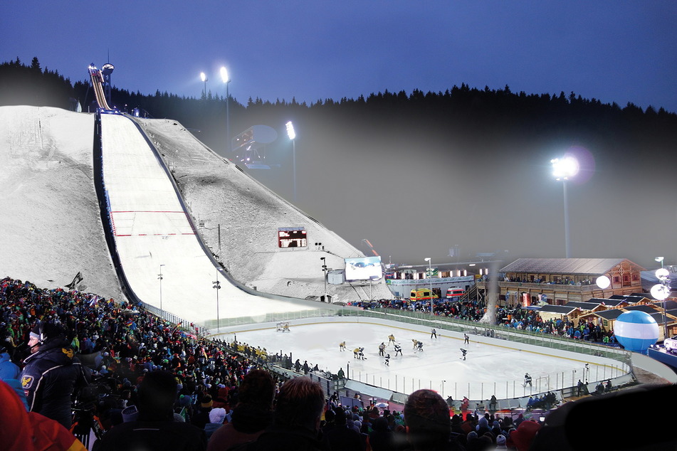 Einfach großartig! So soll es im Februar aussehen: Die Eisfläche wird in den Auslauf der Vogtland Arena in Klingenthal gebaut. Die Zuschauer sind hautnah am Geschehen dran.