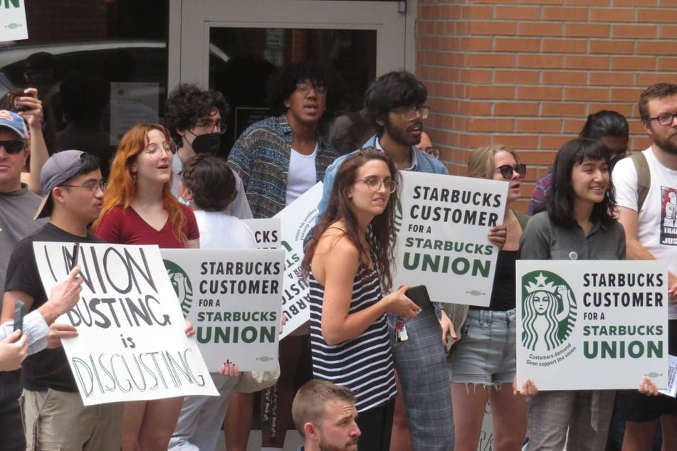 Starbucks customers in Ithaca, New York, stand in solidarity with Starbucks workers as they fight back against corporate retaliation.