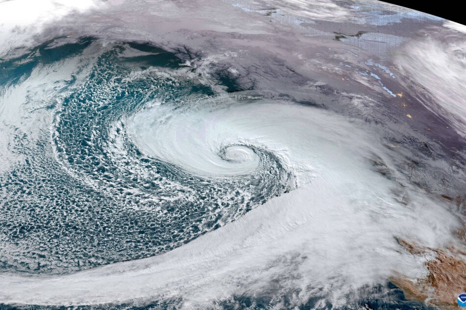 The early Tuesday morning NOAA GEOS-18 satellite image showing the rotating storm system called a Bomb Cyclone churning in the Pacific Ocean off the coast of Washington State.