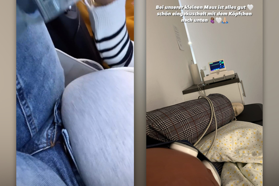 Sarah Engels (29) bekommt den Hosenknopf nicht zu - lange kann es bis zur Geburt nicht mehr dauern. (Fotomontage)