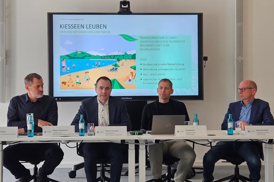 Die Planer um Buga-Geschäftsführer Marcel Timmroth (38, 2.v.l.) und Stadtbezirksamtsleiter Jörg Lämmerhirt (59, r.) stellten am Montag die Pläne vor.