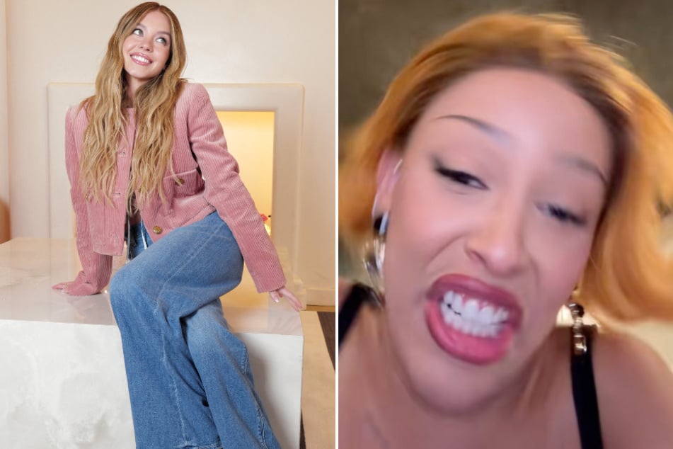 Doja Cat (r.) mocked Sydney Sweeney's American Eagle ad in a viral TikTok.