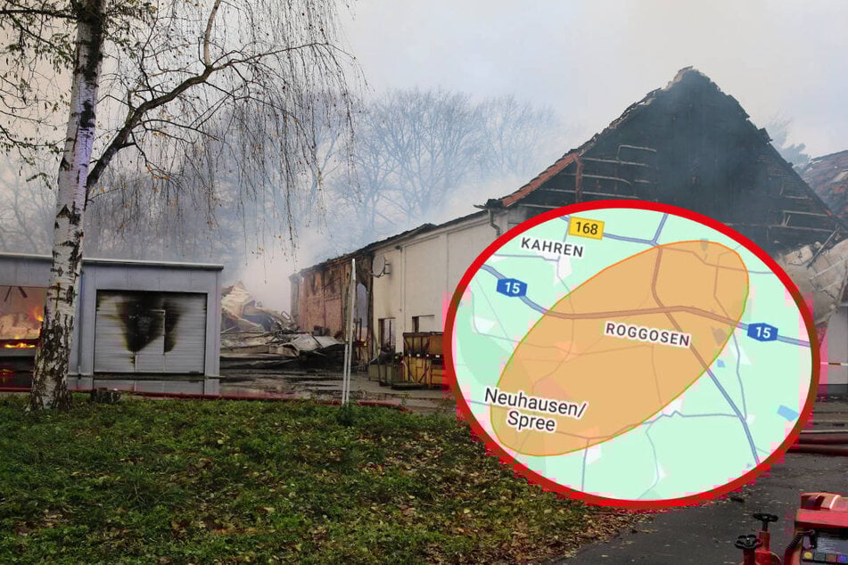 Flammendes Inferno in der Lausitz: Lagerhalle brennt, NINA warnt