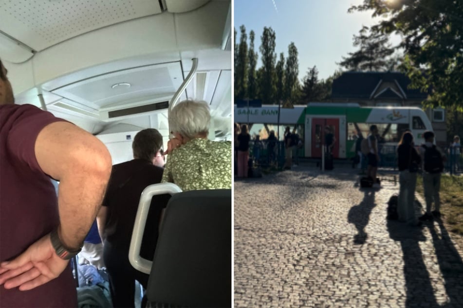 Mehr als drei Stunden mussten die Fahrgäste aufgrund eines Defektes in der gut gefüllten Regionalbahn ausharren, bevor diese die Fahrt zum nächsten Bahnhof fortsetzen konnte (r.).