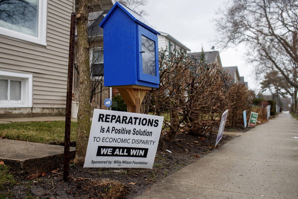 A pro-reparations yard sign is pictured outside a home in the Fifth Ward of Evanston, Illinois.