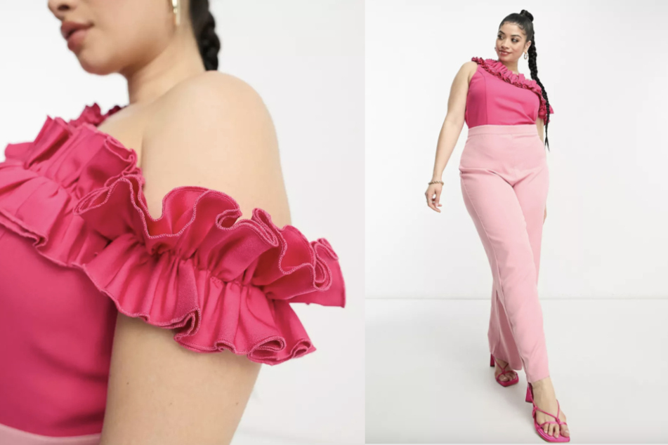 In The Style Plus - ein One-Shoulder-Jumpsuit mit Rüschen in Rosa auf asos.com.