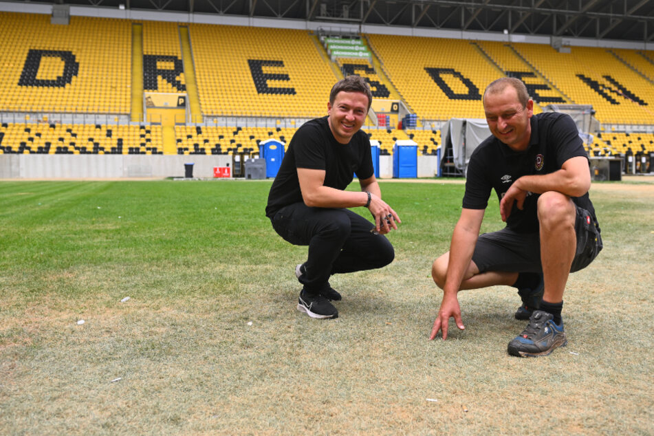 Stadionchef Ronald Tscherning (l.) und Greenkeeper Axel Hocke auf dem gelben Rasen. Zwischen dem Frei.Wild-Konzert (2.7.) und dem Spiel gegen Dortmund (9.7.) wird der neue Rasen verlegt.