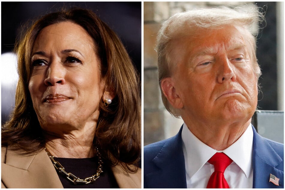 Polling data show Kamala Harris (l.) and Donald Trump tied in battleground states.