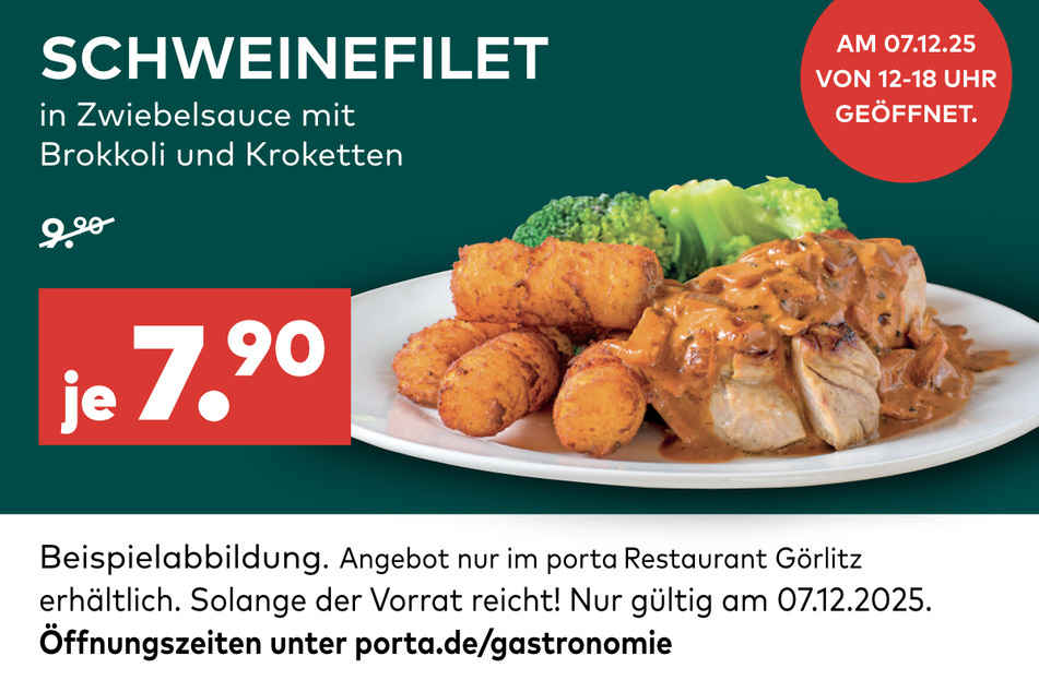 Ein leckeres Schweinefilet in Zwiebelsauce mit Beilagen gibt's am Sonntag (7.12.) zum Aktionspreis.