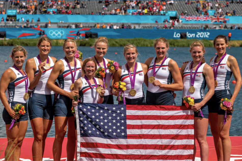 Esther Lofgren (third from l.) with the Team USA's rowing women's eight after their gold medal win during the London 2012 Games.