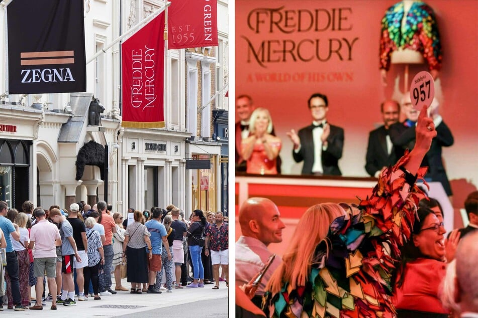 Lines wrapped around the block in London to see Freddie Mercury's personal items at Sotheby's before they went to auction (r.).