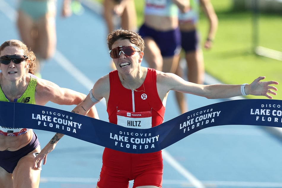Nikki Hiltz reacts as they win the Women's 1,500m final during the 2026 USATF Outdoor Track & Field Championships on July 25, 2026.