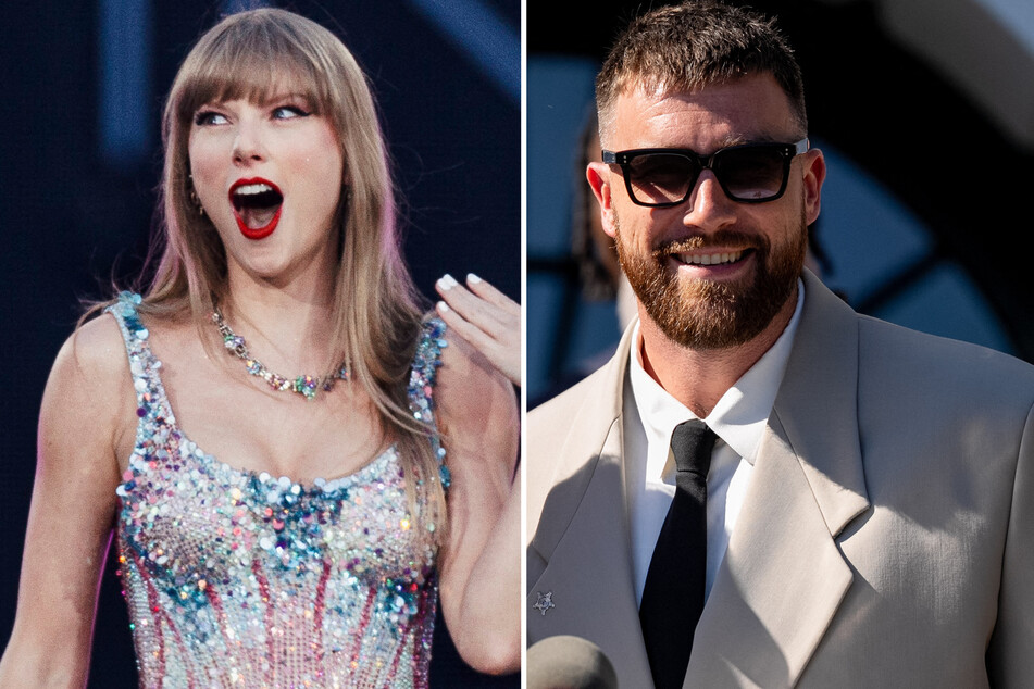 Travis Kelce's close friend dished on the athlete's relationship with Taylor Swift (l.) in a new podcast interview.