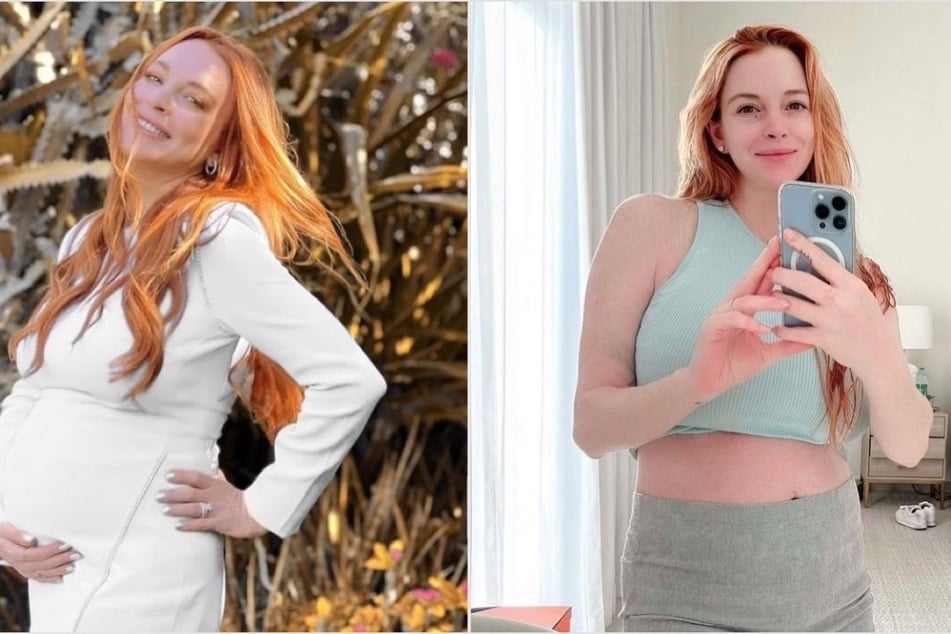 Lindsay Lohan proudly showed off her postpartum body (r.) after welcoming her son Luai.