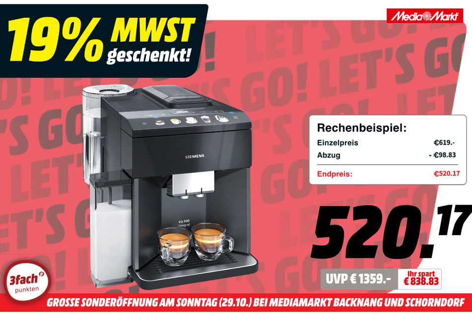 Siemens-Kaffeevollautomat für 520,17 Euro.
