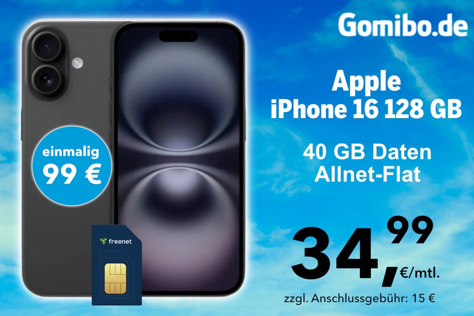 Das iPhone 16 (128 GB) in der 40 GB freenet Allnet-Flat für 34,99 Euro pro Monat.