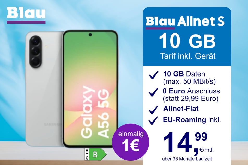 Das Samsung Galaxy A56 5G im Blau Allnet S für einmalig 1 Euro.