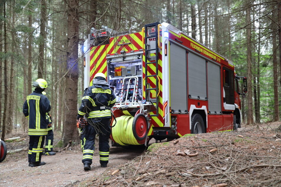 Mit einem großen Einsatzfahrzeug düsten die Feuerwehrleute in den Wald, um die Flammen zu löschen.