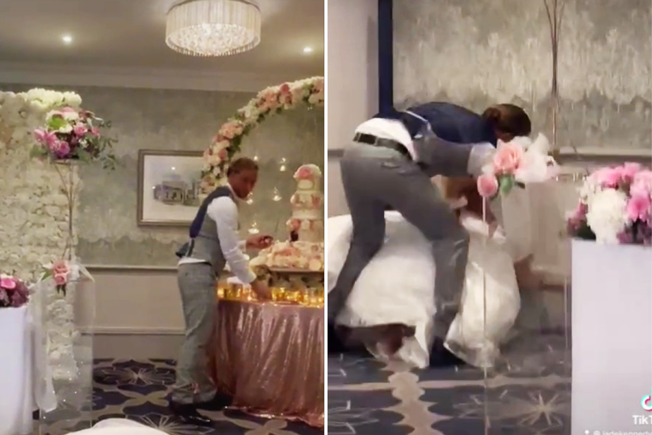 A video showing a groom smashing wedding cake in his bride's face has gone viral on TikTok, with many users criticizing the aggressive behavior.