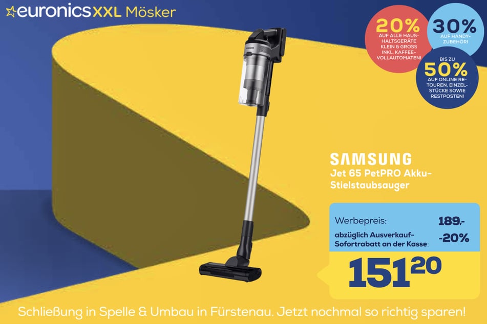 Samsung-Akku-Stielsauger Jet 65 PetPRO für 151,20 statt 189 Euro.