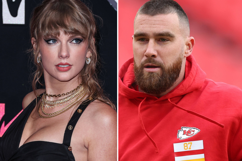 Travis Kelce (r) dished on his New Year's Eve with Taylor Swift in the latest episode of his podcast.
