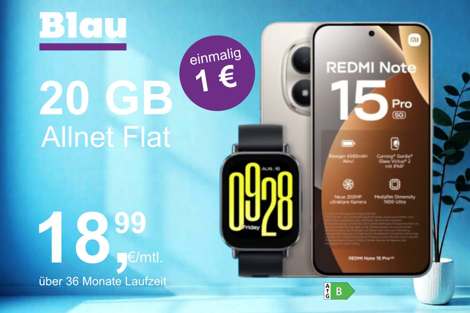 Das Xiaomi Redmi Note 15 Pro inkl. Redmi Watch 5 Active im Blau Allnet M für einmalig 25 Euro.