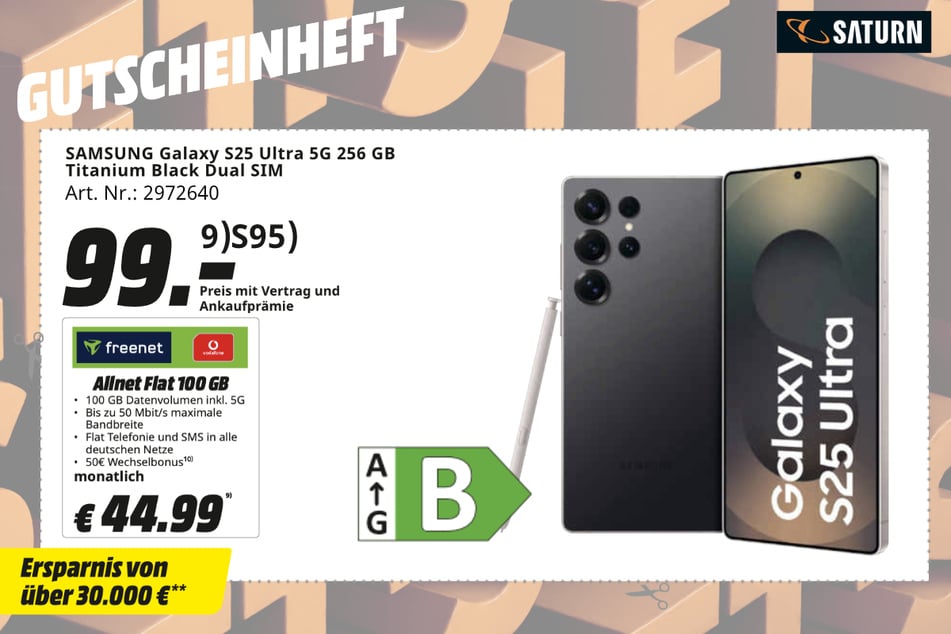 Samsung Galaxy S25 Ultra 5G (256 GB) für 99 Euro (im Tarif "Allnet Flat 100 GB", mit Ankaufprämie von 100 Euro).